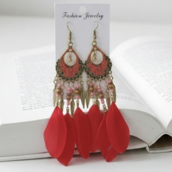 Feather earrings for women, vintage bohemian style with dreamcatcher .5 Inches - Picture 8 of 12